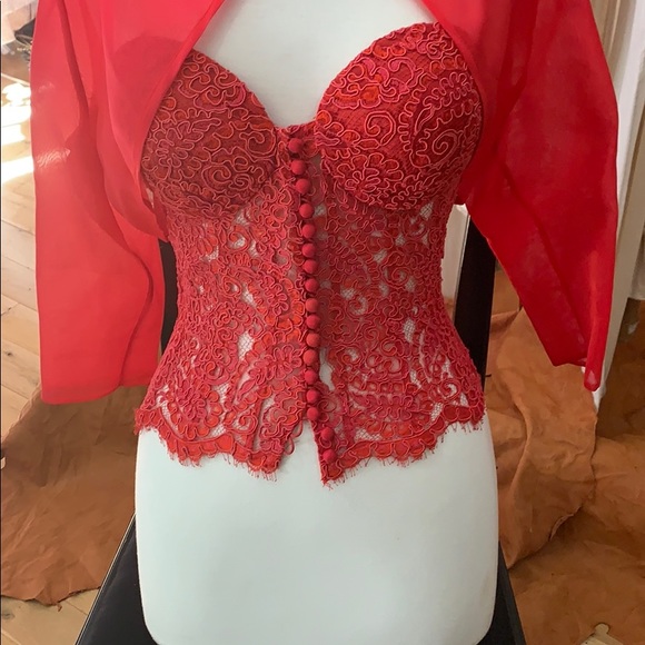 Red strapless imported French alencon lace corset - Picture 2 of 5